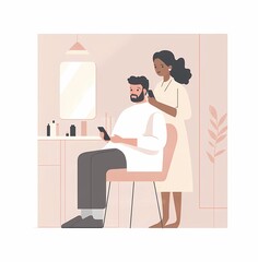 Minimalist Flat Illustration Black Man and Woman Working in Coffee Shop with Laptops