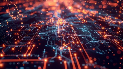 Fototapeta premium Abstract digital circuit design with glowing lines and particles in vibrant colors, representing technology and innovation.
