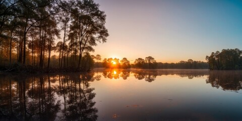 Drone captures sunrise over flooded forest.