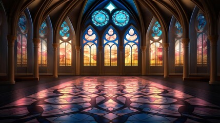 Obraz premium A full moon casting its light through a stained glass window, creating colorful patterns on an old church floor in this spiritual illustration