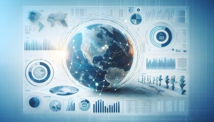 Obraz premium A digital infographic with a globe, graphs, and statistical data representing global financial trends, displayed on a light blue and white background, symbolizing analytics