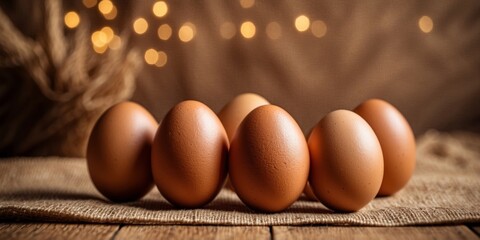 Rustic brown eggs on burlap wooden background.