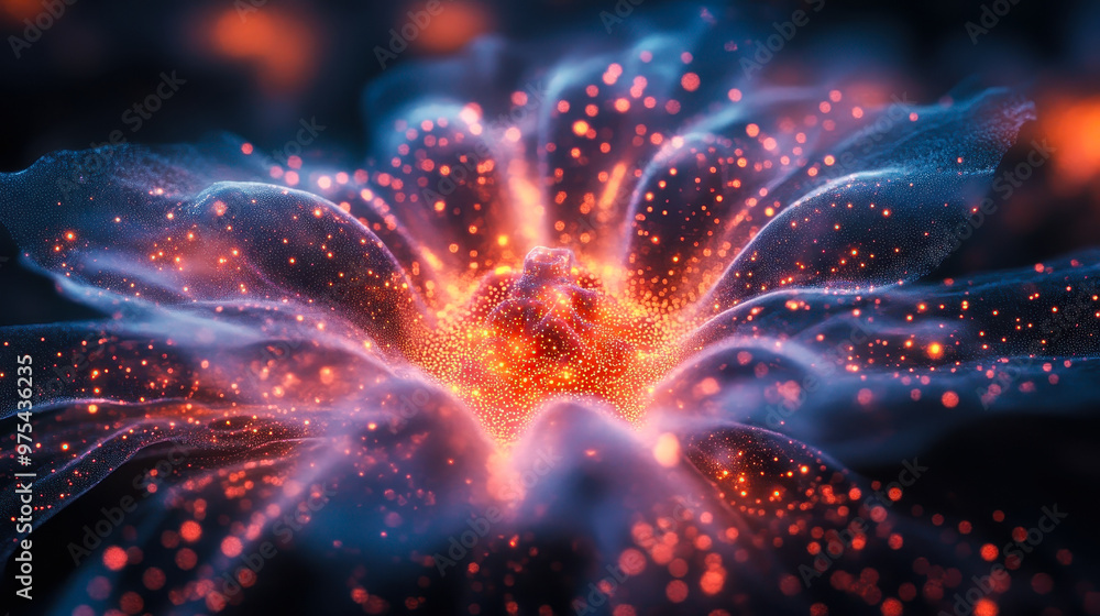 Poster neural network flower - futuristic glowing abstract pattern, digital art with tech elements and vibr