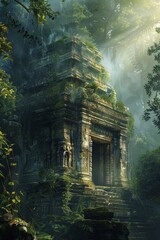 Fototapeta premium Ancient temple hidden in a lush jungle, bathed in soft sunlight, exuding mystery and tranquility.