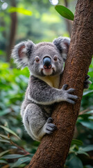 Obraz premium Adorable Koala Bear Hugging Tree Trunk in Lush Green Forest, Looking Directly at Camera, Captivating Wildlife Portrait