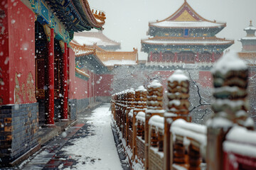 Obraz premium In winter, the palace hangs red lanterns to welcome the Chinese New Year