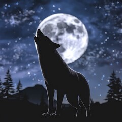 A wolf howling at the moon, silhouetted against a starry sky, deep atmosphere, 3D render, high contrast lighting