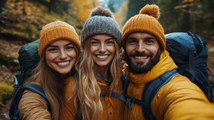 Happy Friends Enjoying Autumn Hike in Forest, Smiling Group Selfie Outdoors in Colorful Fall Setting, Young Adults Backpacking Adventure