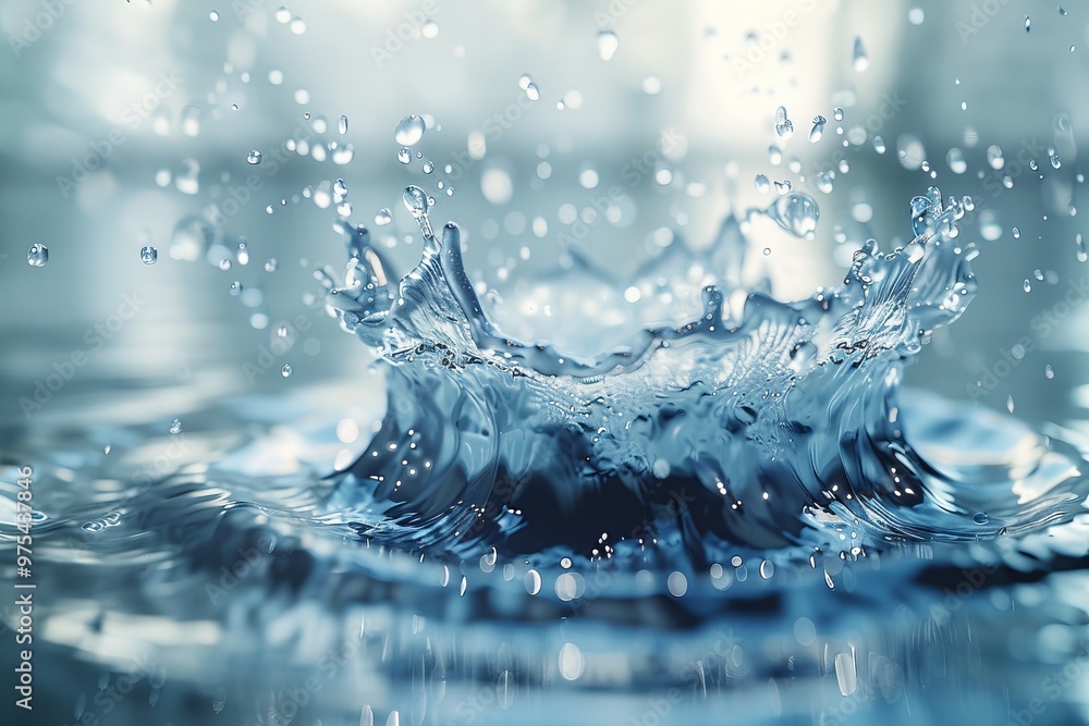 Poster a close-up shot of a water droplet splashing and creating a crown-like wave. the droplets are backli