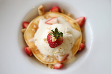 Homemade strawberry pancake at cafe and bakery shop. Top view