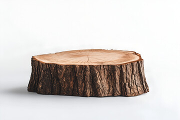 Natural round wooden stand for presentation and exhibitions on white background with shadow.