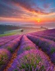 Vibrant Sunrise Over Rolling Lavender Fields, Creating a Breathtaking Color Palette