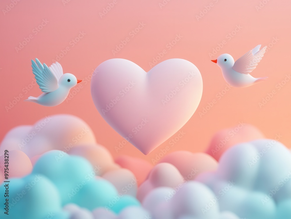 Poster Two White Birds Flying Towards a Pink Heart in the Sky