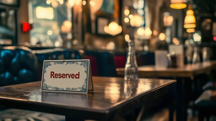 Restaurant interior with a sign "Reserved" on the table Dinner reservation for guests Private exclusive event Booked seats at the cafeteria Lunch or meal order Hotel organization Food serving Nobody