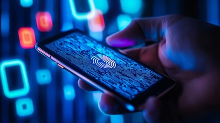 Secure Smartphone Unlock with Fingerprint Scanner and Holographic Data Protection Icons