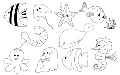 Obraz premium Hand Drawing line art of underwater life with Whales, fish, shrimp, shellfish, rays, starfish, sea lions, squid
