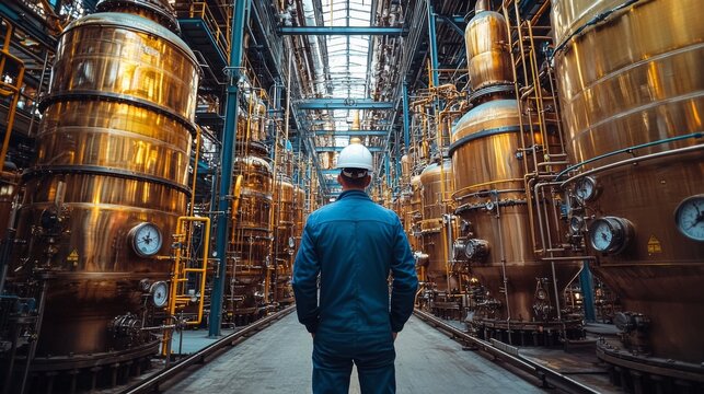 Industrial Engineer Inspecting Modern Brewery Equipment