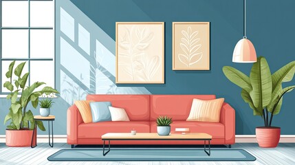 A modern living room with a red sofa, two plants, a coffee table with a book, and a window.