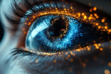 biometric iris scan with neon digital interface glowing blue cybernetic eye data streams holographic projections dark background futuristic security concept