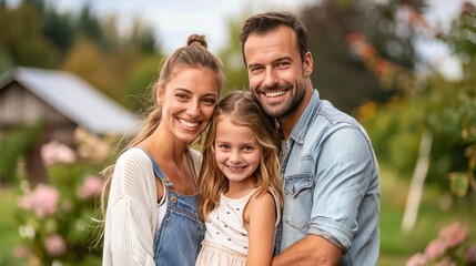 Fototapeta premium Sustainable Family Lifestyle: A young family consisting of a father, mother, and daughter standing together in their garden with a solar panel visible in the background