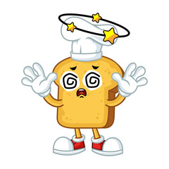 A cartoon slice of bread wearing a chef's hat looking dizzy with swirls for eyes.