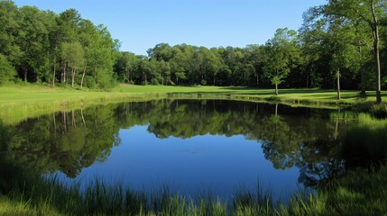 Fototapeta premium Beautiful Nature Landscape with Grassland, Lake Forest, Summer valley, Green Trees and Blue Sky, Mountain Reflections on River waters, Rural Countryside Meadows, Travel or Tourism, park environment