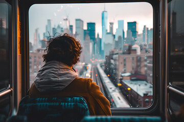 Contemplative Commuter Looking out at Urban Landscape from Train Window