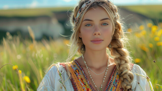Portrait of Young Denmark woman Enjoying sunlight in summer Flower Field, Wearing Traditional Handcrafted Embroidery Dress, Relaxing and Smiling to The Camera, 