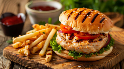 fresh and juicy grilled chicken burger with French fries on the wooden board, fast food advertising banner background