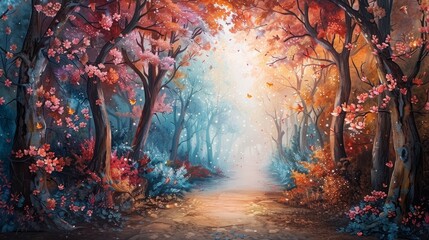 A magical autumn forest with vibrant foliage and a mystical light filtering through the trees.  The path leads deeper into the woods.