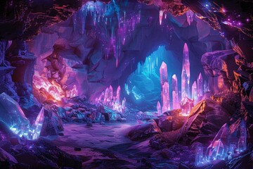 A magical cave filled with glowing crystals in shades of purple, blue, and pink