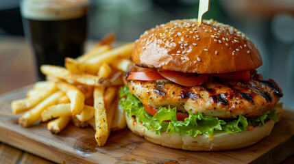 fresh and juicy grilled chicken burger with French fries on the wooden board, fast food advertising banner background