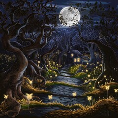 Enchanted Moonlit Forest with Cottage, Fireflies, Fantasy Illustration