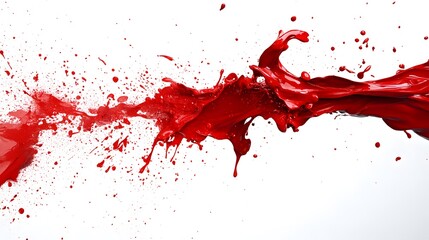 Red paint splash against a white background with splashes and splatters extending from the main stream of red paint.
