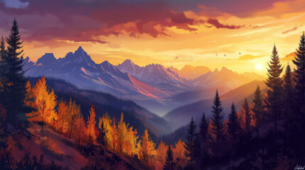 Obraz premium autumn Autumn Sunset Over Mountain Landscape