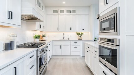 Fototapeta premium All-white kitchen space with modern appliances and a clean, organized layout.