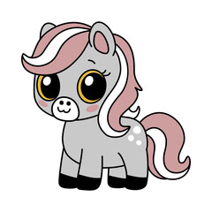 Zodiac Chinese horse animal of New Year sign icon. Asian kawaii cute style isolated illustration of mascot pony. Adorable grey foal with big eyes stay and smiling on the white background.