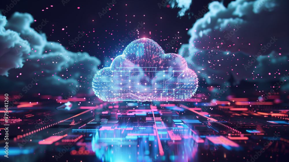 Poster futuristic artificial intelligence based cloud database management system technology visualization t