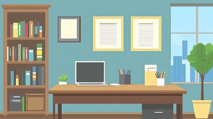 A modern office interior with a desk, laptop, bookshelf, window, and plant.
