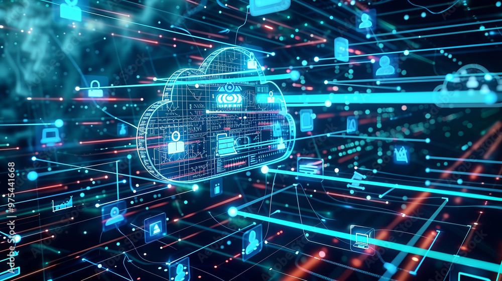 Poster futuristic artificial intelligence based cloud database management system technology visualization t