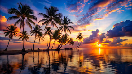 Vibrant tropical paradise with silhouetted palm trees.
Stunning sunset reflecting on the water with palm trees.