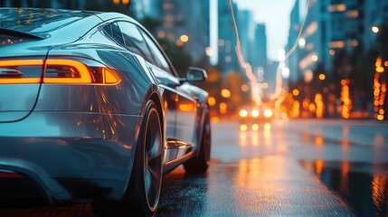 modern car in a city environment, electric lines of power extending up to the sky from the car