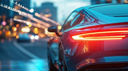 modern car in a city environment, electric lines of power extending up to the sky from the car
