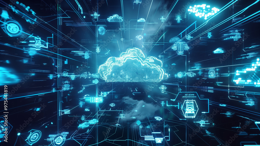 Poster futuristic artificial intelligence based cloud database management system technology visualization t