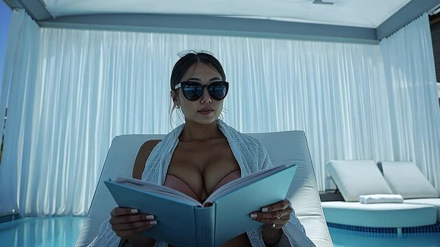 Woman Relaxing by the Pool Reading a Book on a Sunny Day Generative AI
