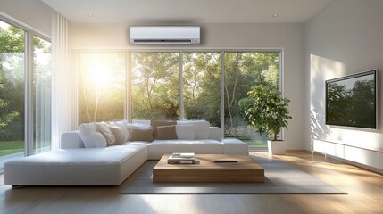 Bright and airy living room featuring a high-tech AC splitter providing cooling comfort to the entire space.