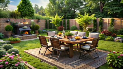 Inviting outdoor living space with grill, umbrella, and vibrant landscaping.
Beautiful backyard patio perfect for entertaining guests or enjoying a peaceful meal.