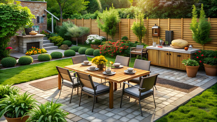 Outdoor dining patio with lush greenery and colorful flowers.
Relaxing backyard oasis featuring a wooden dining set and brick patio.