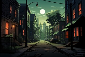 Fototapeta premium A full moon reflecting in a cats eyes as it watches from a shadowy alley, the scene steeped in mystery in this urban illustration