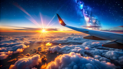 breathtaking aerial view of an airplane wing bathed in the golden light of a setting sun, with a vast expanse of fluffy clouds below and a starry sky above.